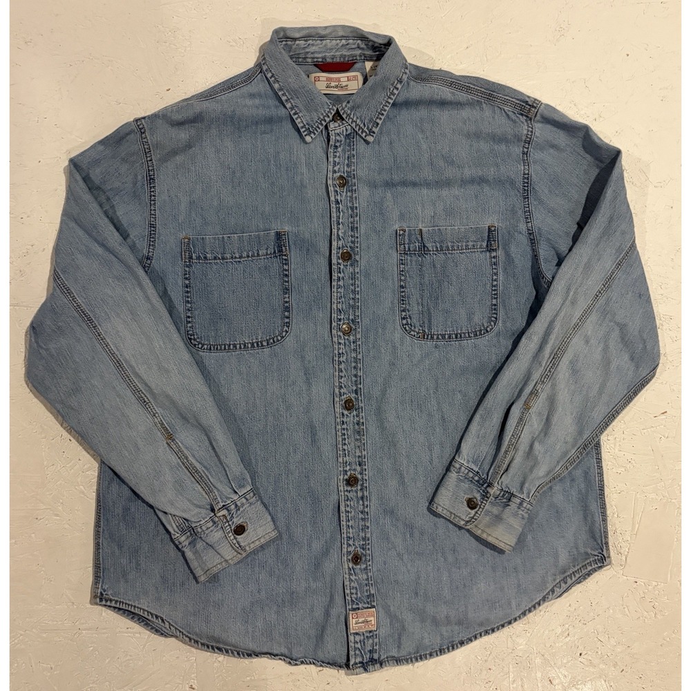 Levi Strauss Shirt Mens Large Blue Denim‎ Distressed Button up Long Sleeve